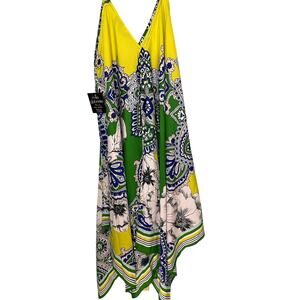 Mlle Gabrielle lime green white yellow dress cover-up bohemian floral print 2X